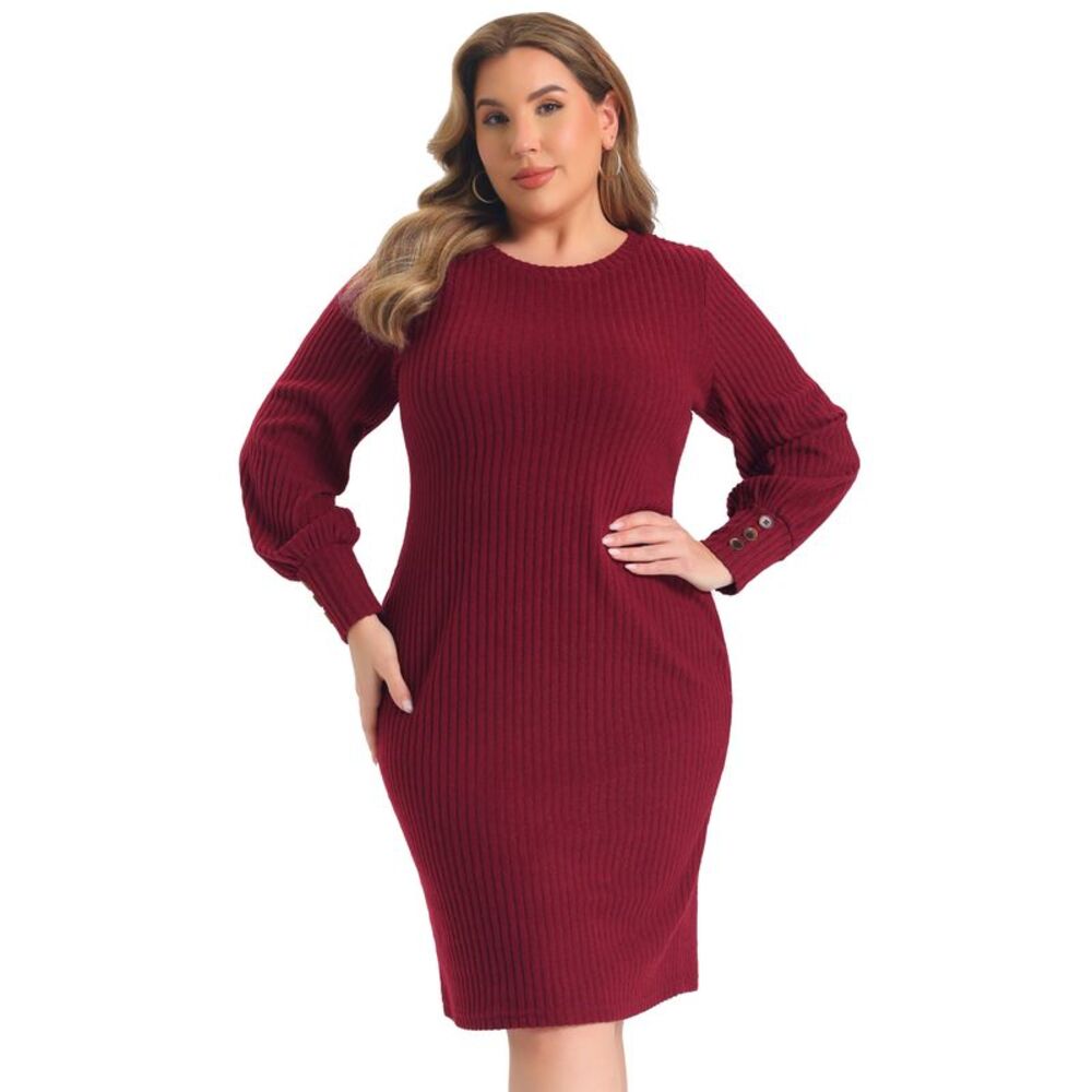 Women Plus Size Ribbed Knit Lantern Sleeve Midi Bodycon Dresses Dark Red